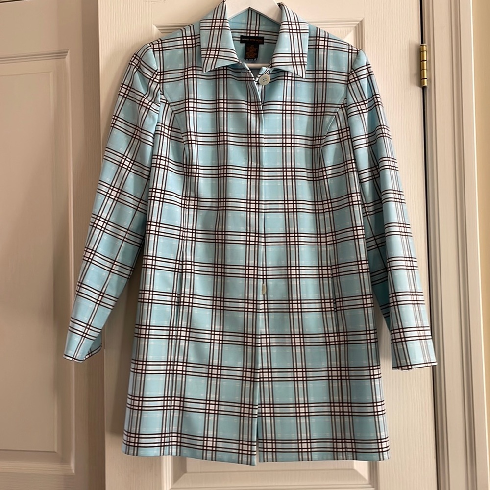 Plaid blue and brown long blazer coat size 8 Petite